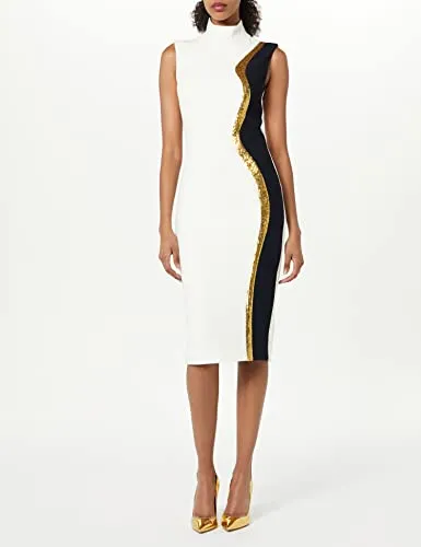 Sergio Hudson, Sleeveless Mock Neck Midi Dress, 2, Ivory, Midnight, Gold