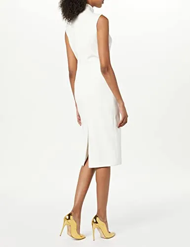 Sergio Hudson, Sleeveless Mock Neck Midi Dress, 2, Ivory, Midnight, Gold