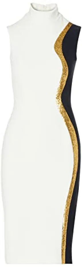 Sergio Hudson, Sleeveless Mock Neck Midi Dress, 2, Ivory, Midnight, Gold