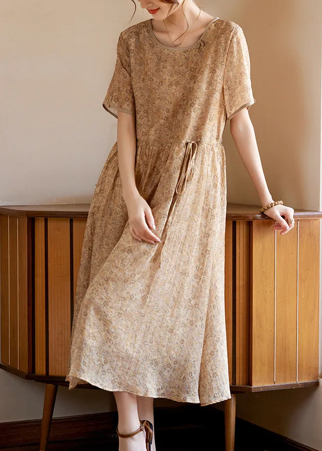 Slim Fit Khaki O-Neck Print Silk Long Dresses Summer WW052