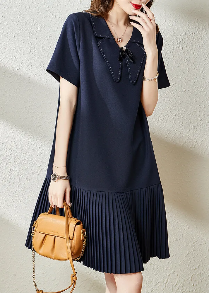 Style Navy Peter Pan Collar Patchwork Cotton Pleated Dresses Summer YY008