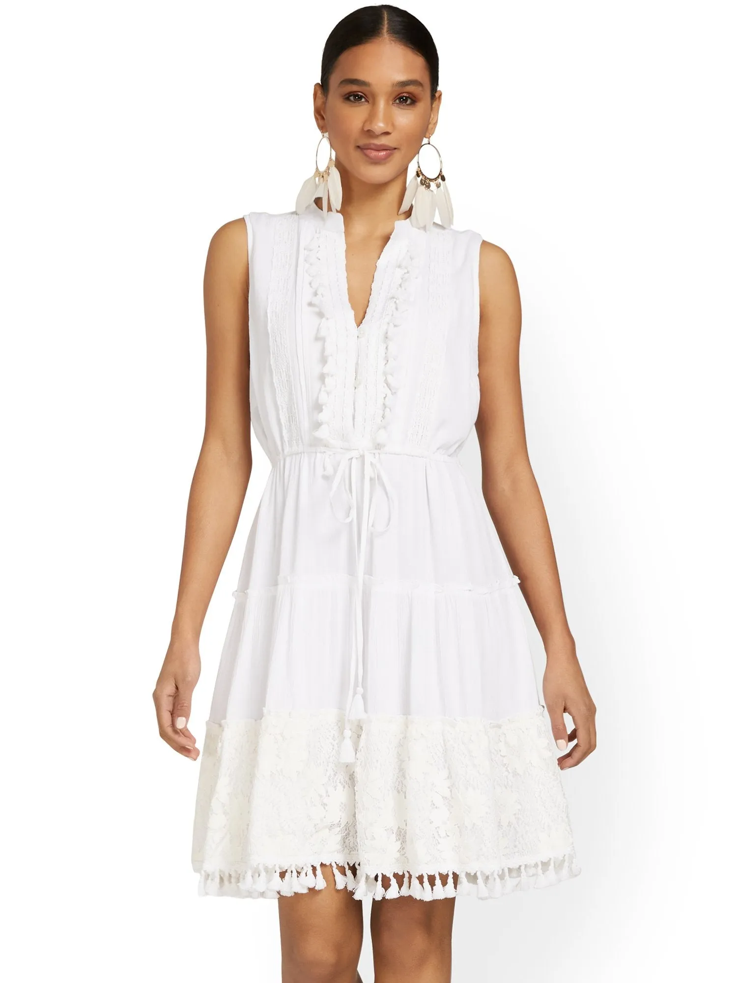 Tassel-Embellished Crochet Shift Dress