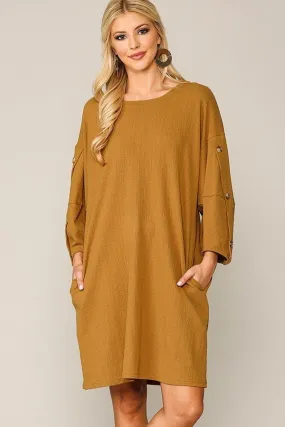 Textured Button Accent Puff Sleeve Side Pockets Shift Dress