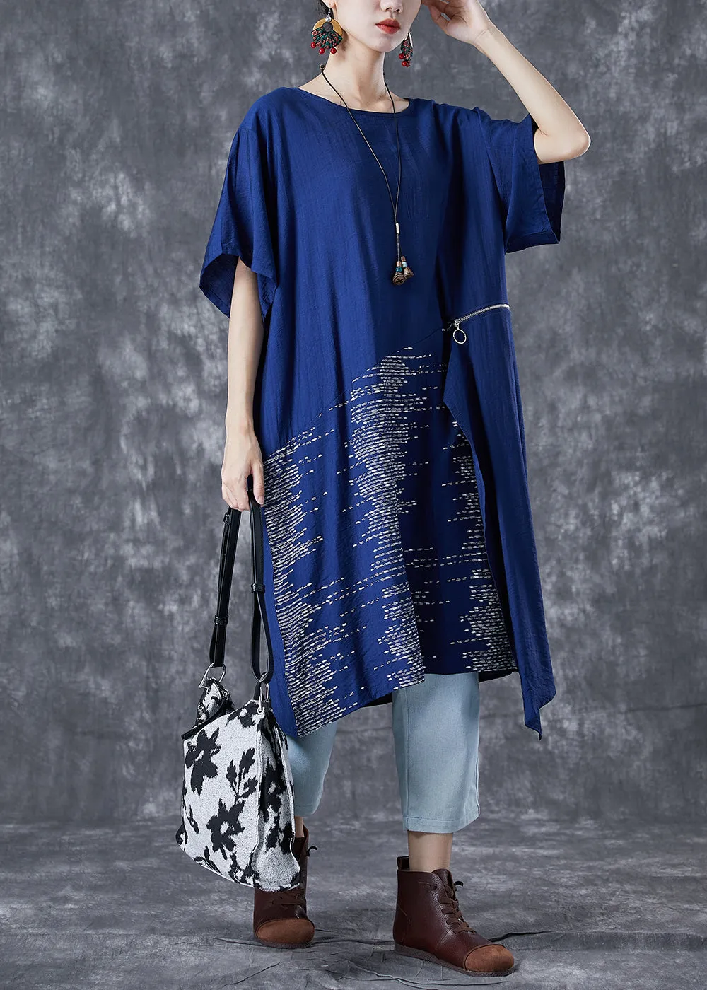 Unique Blue Asymmetrical Patchwork Zippered Cotton Dresses Summer TA1068