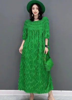 Unique Green O-Neck Wrinkled Silk Dresses Half Sleeve