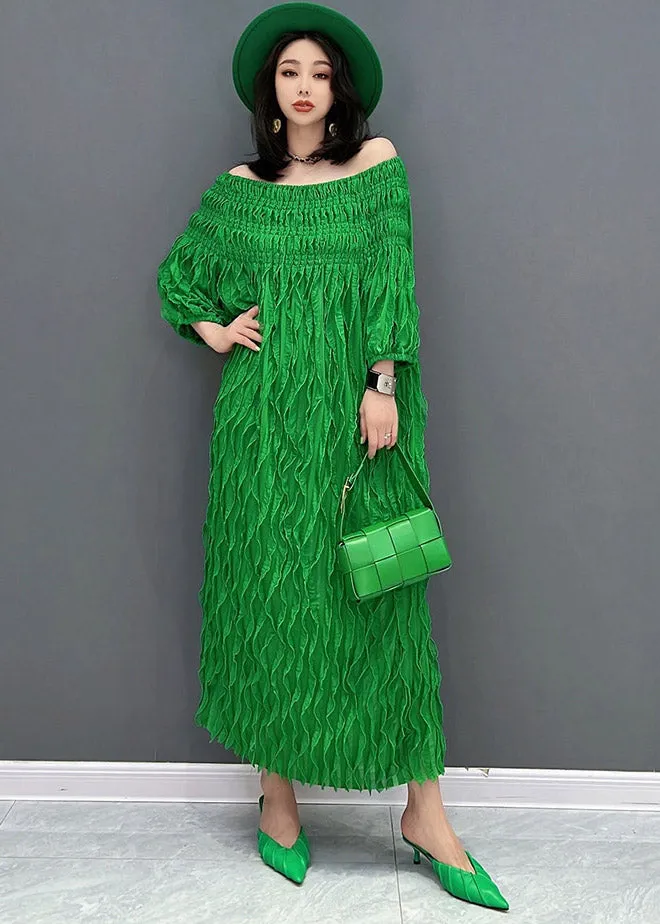 Unique Green O-Neck Wrinkled Silk Dresses Half Sleeve