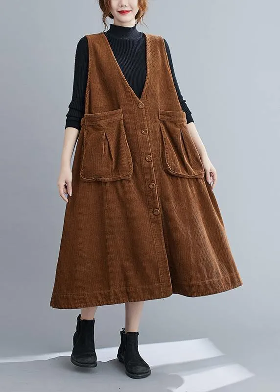 Unique V Neck Sleeveless cotton Spring Dresses Lnspiration Brown Robe Dress