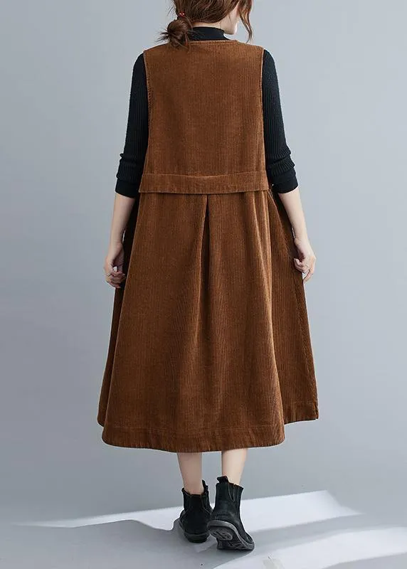 Unique V Neck Sleeveless cotton Spring Dresses Lnspiration Brown Robe Dress