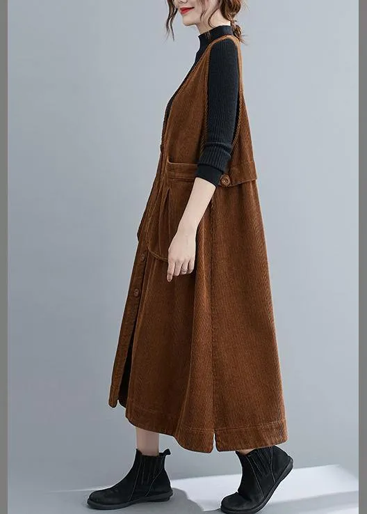 Unique V Neck Sleeveless cotton Spring Dresses Lnspiration Brown Robe Dress