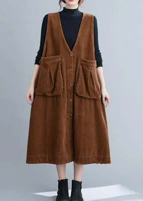 Unique V Neck Sleeveless cotton Spring Dresses Lnspiration Brown Robe Dress