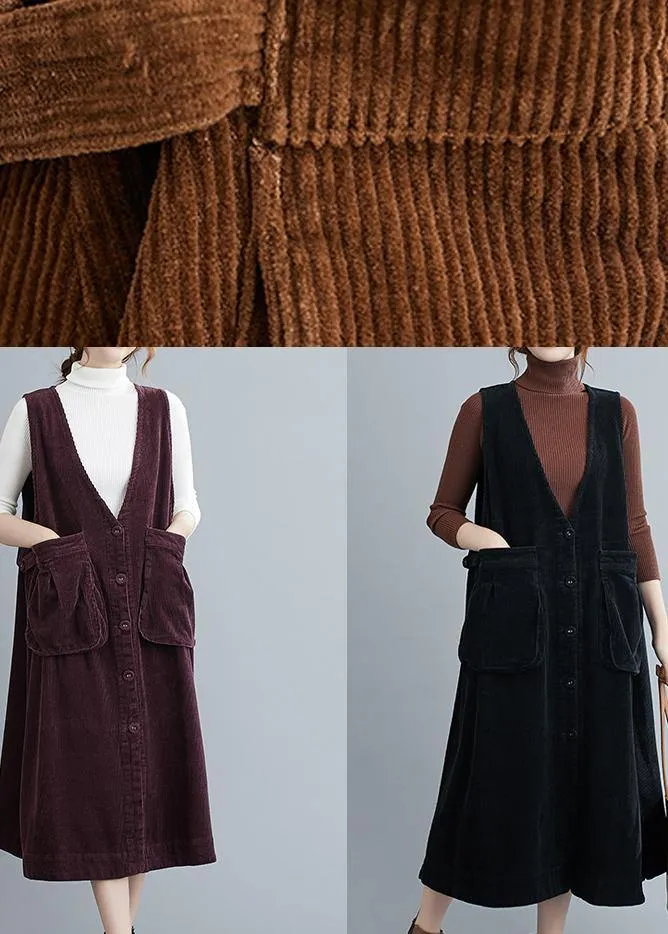 Unique V Neck Sleeveless cotton Spring Dresses Lnspiration Brown Robe Dress