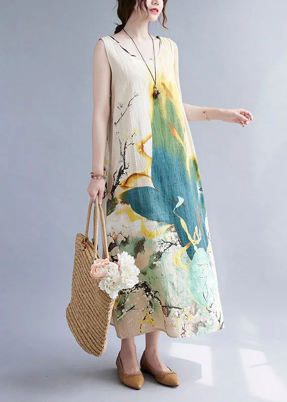 Vintage Beige Print O-Neck Linen Vacation Dresses Summer LY0658