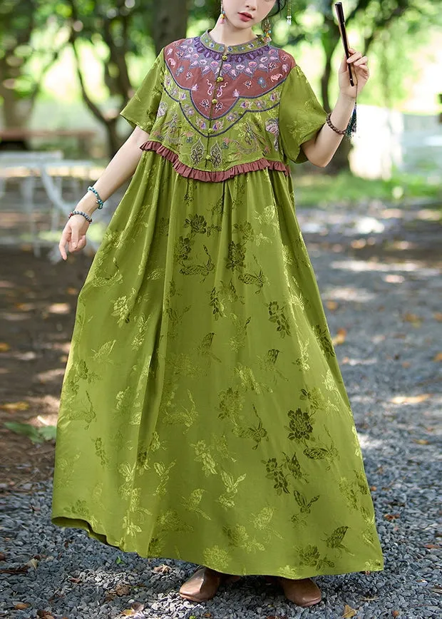 Vintage Green Stand Collar Ruffled Embroidered Silk Dresses Summer WW1018